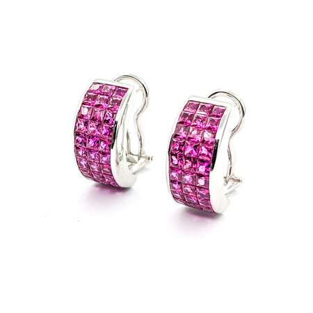 Earrings Half Hoop Omega Back 4.60ctw Square Pink Sapphires Invisible Set 18.5x9mm 18kw 224034153
