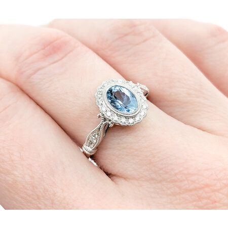 Ring .14ctw Round Diamonds .64ct Blue Aquamarine 14kw sz7 124040155