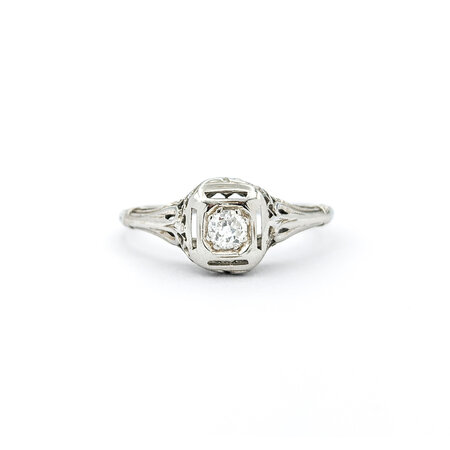 Ring Art Deco Filigree .15ct Old European Diamond 18kw Sz7 224040751