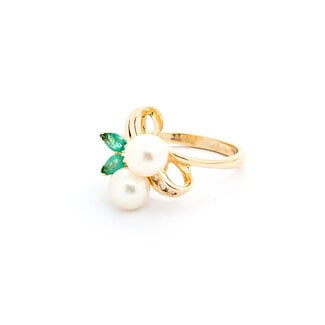 Ring Ribbon .03ctw Round Diamonds 6mm Akoya Pearls .30ctw Emeralds 14ky sz6.5 224040159