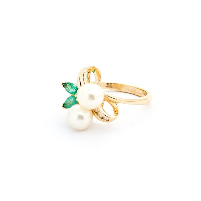 Ring Ribbon .03ctw Round Diamonds 6mm Akoya Pearls .30ctw Emeralds 14ky sz6.5 224040159
