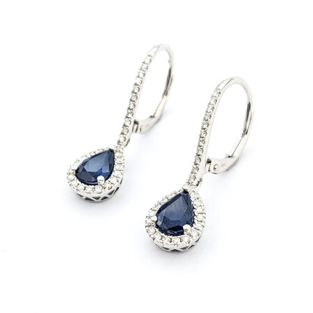 Earrings .32ctw Round Diamonds Leverback Drop 1.60ctw Sapphire 1x.3" 14kw 124044173