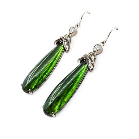 Earrings & Pendant Set 1.00ctw Pear & Round Diamonds French Hook 52.12ctw Pear Cabochon Green Tourmaline 2.25x.45" 18kw 124044191