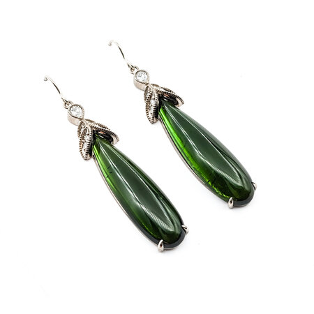 Earrings & Pendant Set 1.00ctw Pear & Round Diamonds French Hook 52.12ctw Pear Cabochon Green Tourmaline 2.25x.45" 18kw 124044191