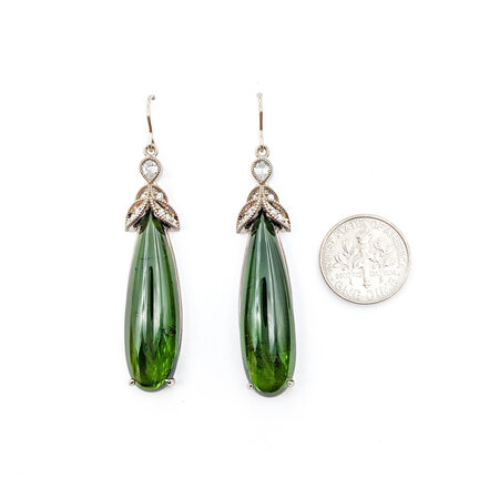 Earrings & Pendant Set 1.00ctw Pear & Round Diamonds French Hook 52.12ctw Pear Cabochon Green Tourmaline 2.25x.45" 18kw 124044191