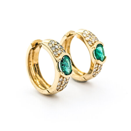 Earrings Hoop .36ctw Round Diamonds Pave .90ctw Emeralds 5x18mm 14ky 224054155