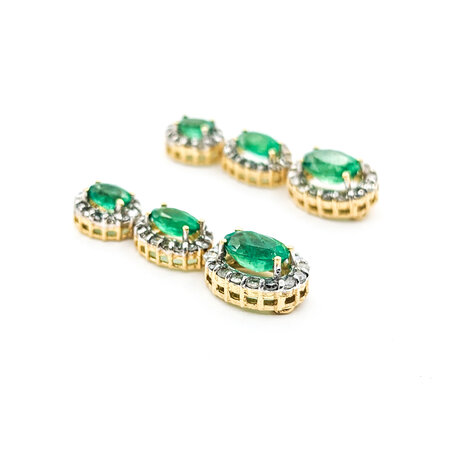 Earrings Dangle Stations .30ctw Round Diamonds Halo Friction Back 1.60ctw Emeralds 25x7.5mm 14ky 224054154