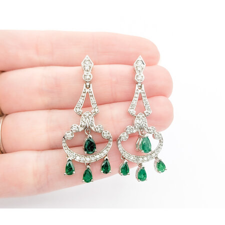 Earrings Chandelier .30ctw Round Diamonds Friction Back 2.08ctw Emeralds 45x17mm 14kw 224054153