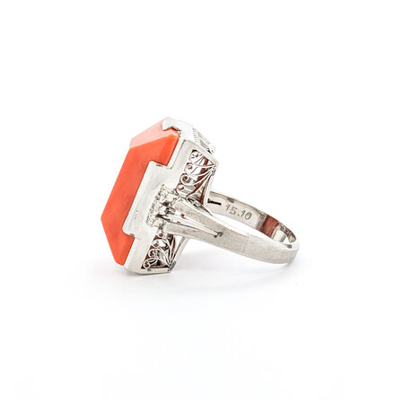 Ring Vintage .15ctw Round Diamonds 21x11.5mm Coral Platinum Sz6.5 223070035