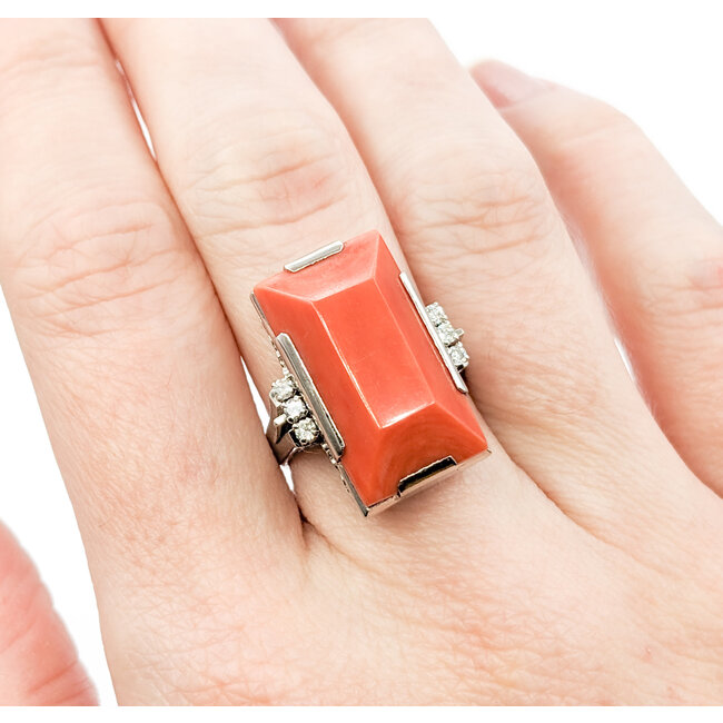 Ring Vintage .15ctw Round Diamonds 21x11.5mm Coral Platinum Sz6.5 223070035