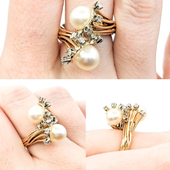 Ring Cocktail .20ctw Round Diamonds 8mm Pearls 14ky Sz7 221090037
