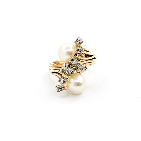 Ring Cocktail .20ctw Round Diamonds 8mm Pearls 14ky Sz7 221090037