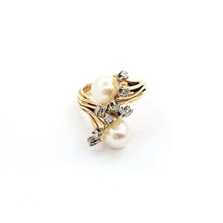 Ring Cocktail .20ctw Round Diamonds 8mm Pearls 14ky Sz7 221090037