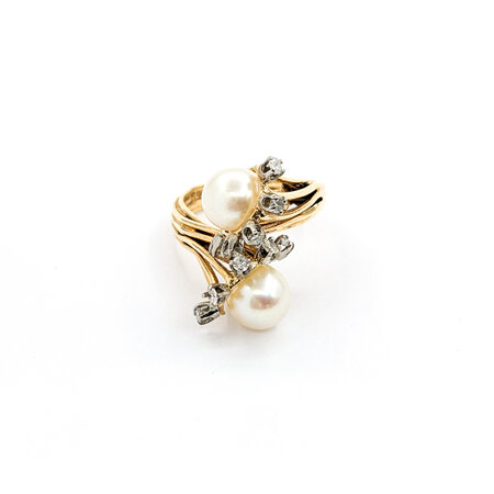 Ring Cocktail .20ctw Round Diamonds 8mm Pearls 14ky Sz7 221090037
