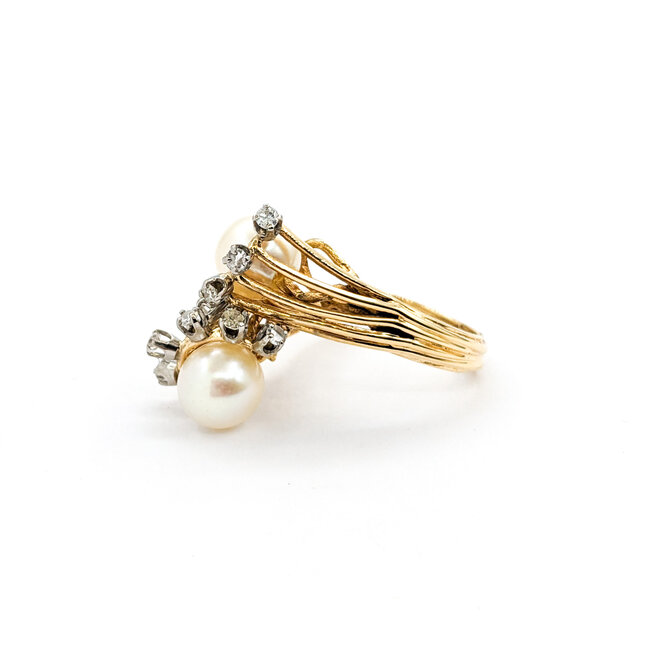 Ring Cocktail .20ctw Round Diamonds 8mm Pearls 14ky Sz7 221090037