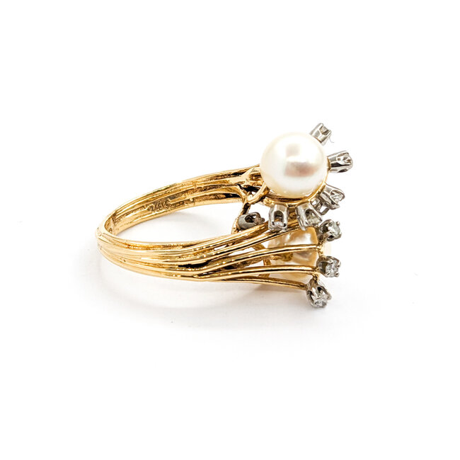Ring Cocktail .20ctw Round Diamonds 8mm Pearls 14ky Sz7 221090037