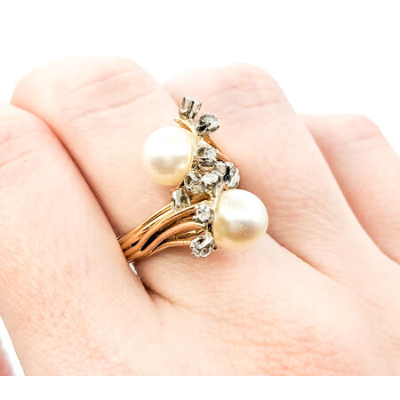 Ring Cocktail .20ctw Round Diamonds 8mm Pearls 14ky Sz7 221090037