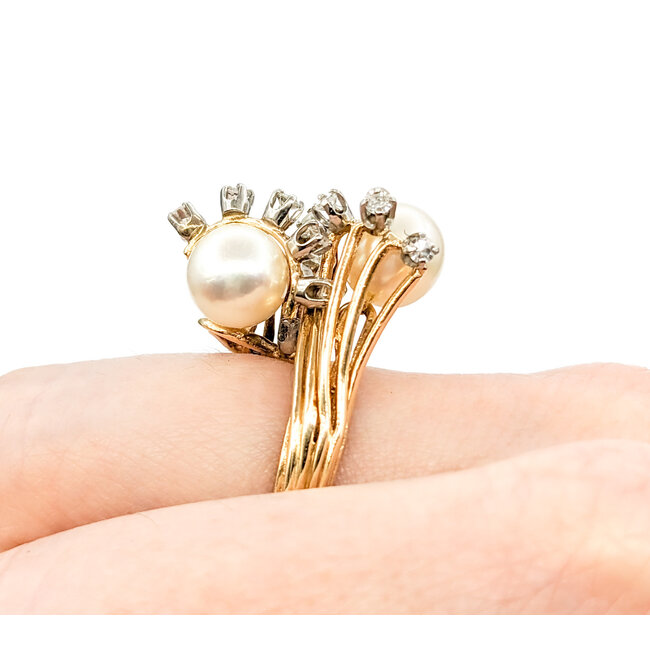 Ring Cocktail .20ctw Round Diamonds 8mm Pearls 14ky Sz7 221090037