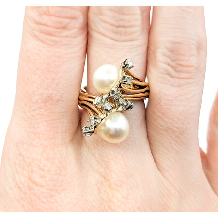 Ring Cocktail .20ctw Round Diamonds 8mm Pearls 14ky Sz7 221090037