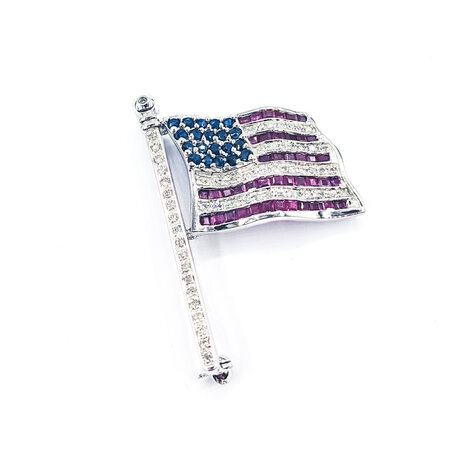 Pin US Flag .25ctw Single Cut Diamonds .60ctw Sapphires 1.0ctw Rubies 41x26mm 14kw " 224061252