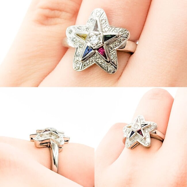 Ring Vintage Mid-Century Eastern Star .25ctw Round Diamonds Multi-Tappered Gemstones 14kw sz5.5 124060764