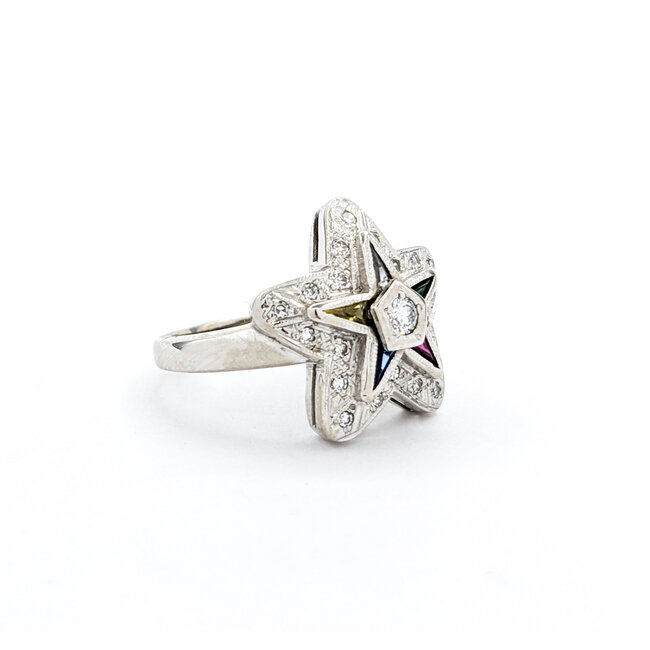 Ring Vintage Mid-Century Eastern Star .25ctw Round Diamonds Multi-Tappered Gemstones 14kw sz5.5 124060764