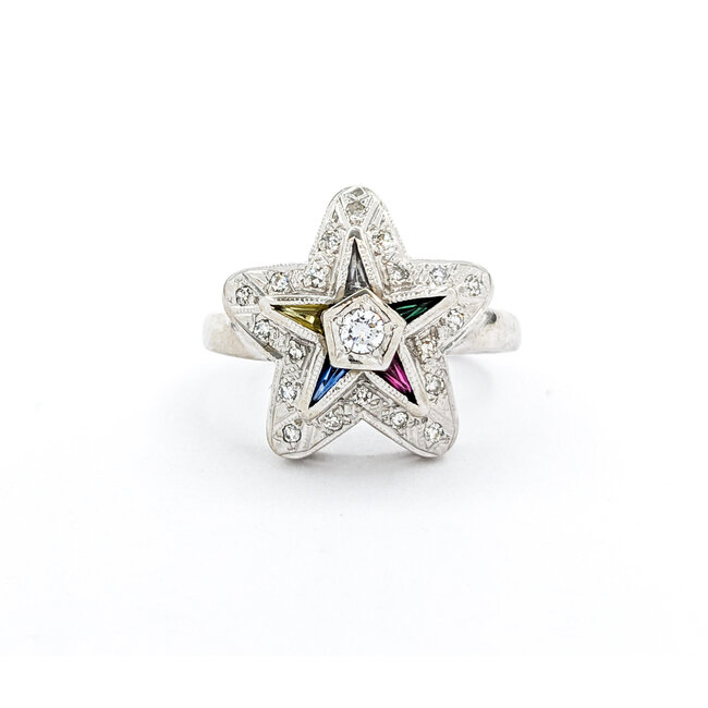 Ring Vintage Mid-Century Eastern Star .25ctw Round Diamonds Multi-Tappered Gemstones 14kw sz5.5 124060764