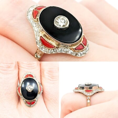 Ring Vintage Onyx Shield Ring 1.20ctw European Cut Diamonds .75ctw Coral Platinum & 18ky sz8 124060752