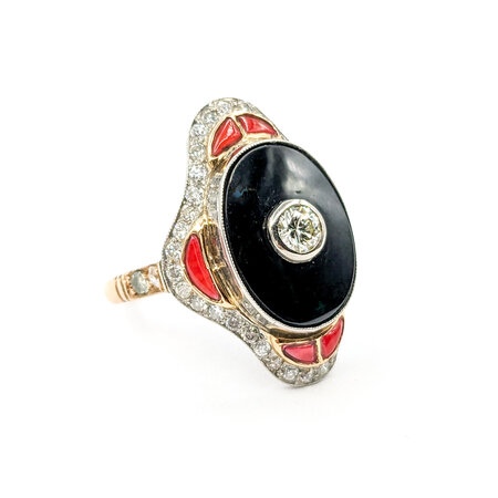 Ring Vintage Onyx Shield Ring 1.20ctw European Cut Diamonds .75ctw Coral Platinum & 18ky sz8 124060752