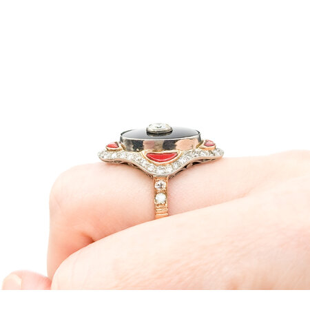 Ring Vintage Onyx Shield Ring 1.20ctw European Cut Diamonds .75ctw Coral Platinum & 18ky sz8 124060752