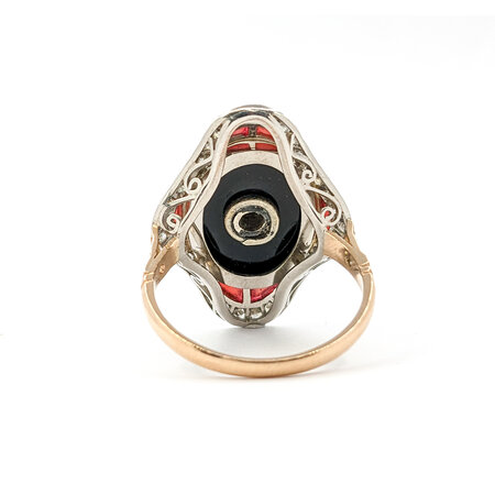 Ring Vintage Onyx Shield Ring 1.20ctw European Cut Diamonds .75ctw Coral Platinum & 18ky sz8 124060752