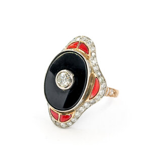 Ring Vintage Onyx Shield Ring 1.20ctw European Cut Diamonds .75ctw Coral Platinum & 18ky sz8 124060752