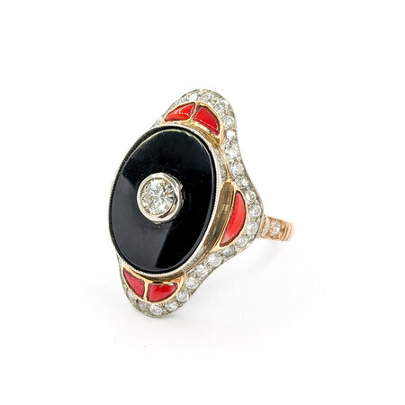 Ring Vintage Onyx Shield Ring 1.20ctw European Cut Diamonds .75ctw Coral Platinum & 18ky sz8 124060752