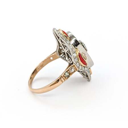 Ring Vintage Onyx Shield Ring 1.20ctw European Cut Diamonds .75ctw Coral Platinum & 18ky sz8 124060752