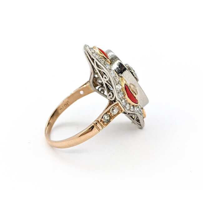 Ring Vintage Onyx Shield Ring 1.20ctw European Cut Diamonds .75ctw Coral Platinum & 18ky sz8 124060752