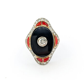 Ring Vintage Onyx Shield Ring 1.20ctw European Cut Diamonds .75ctw Coral Platinum & 18ky sz8 124060752