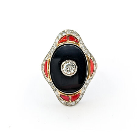 Ring Vintage Onyx Shield Ring 1.20ctw European Cut Diamonds .75ctw Coral Platinum & 18ky sz8 124060752