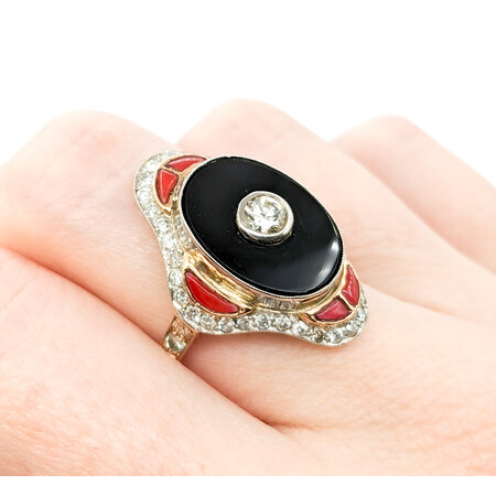 Ring Vintage Onyx Shield Ring 1.20ctw European Cut Diamonds .75ctw Coral Platinum & 18ky sz8 124060752
