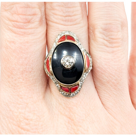 Ring Vintage Onyx Shield Ring 1.20ctw European Cut Diamonds .75ctw Coral Platinum & 18ky sz8 124060752