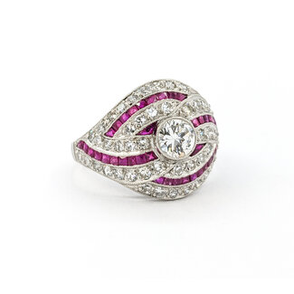 Ring Vintage Mid-Century 1.67ctw Euro Cut & Single Cut Diamonds .75ctw Ruby 950pt sz7.5 124060757
