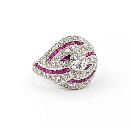 Ring Vintage Mid-Century 1.67ctw Euro Cut & Single Cut Diamonds .75ctw Ruby 950pt sz7.5 124060757