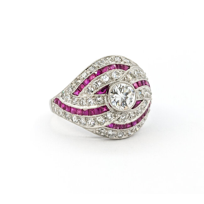 Ring Vintage Mid-Century 1.67ctw Euro Cut & Single Cut Diamonds .75ctw Ruby 950pt sz7.5 124060757