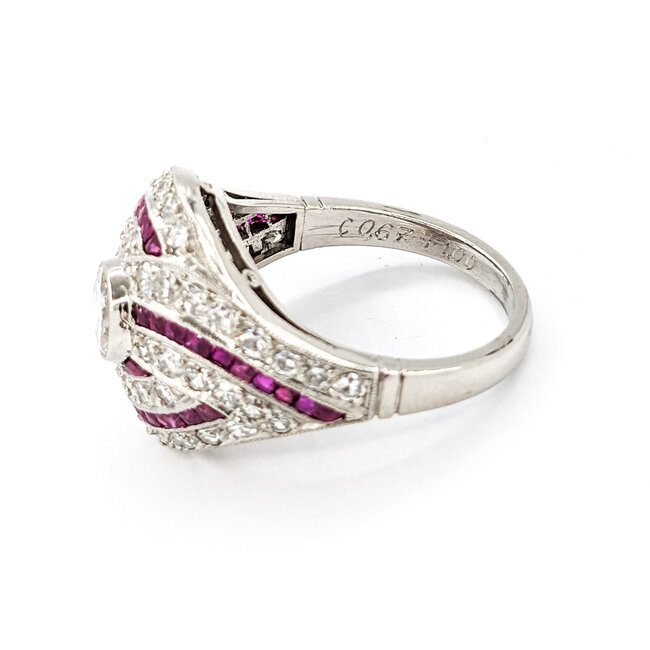 Ring Vintage Mid-Century 1.67ctw Euro Cut & Single Cut Diamonds .75ctw Ruby 950pt sz7.5 124060757