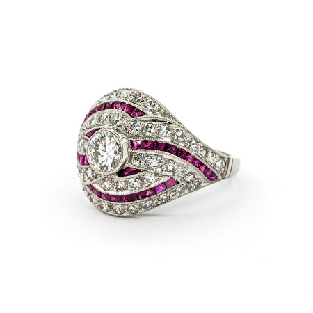 Ring Vintage Mid-Century 1.67ctw Euro Cut & Single Cut Diamonds .75ctw Ruby 950pt sz7.5 124060757