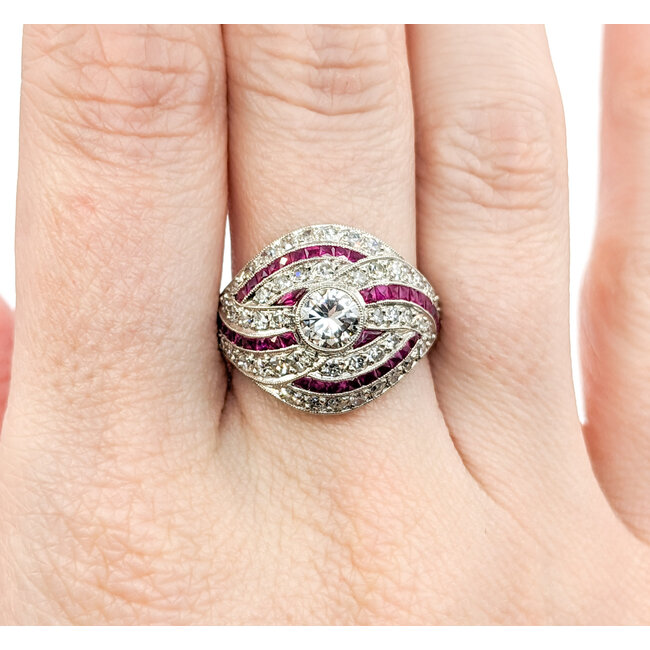 Ring Vintage Mid-Century 1.67ctw Euro Cut & Single Cut Diamonds .75ctw Ruby 950pt sz7.5 124060757