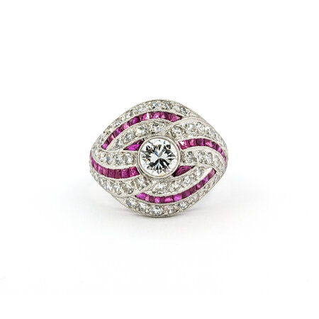 Ring Vintage Mid-Century 1.67ctw Euro Cut & Single Cut Diamonds .75ctw Ruby 950pt sz7.5 124060757