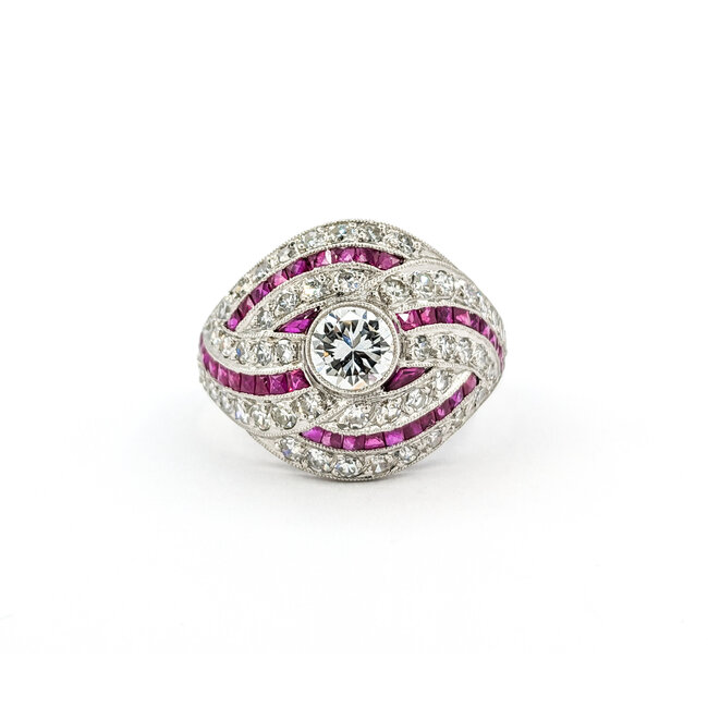 Ring Vintage Mid-Century 1.67ctw Euro Cut & Single Cut Diamonds .75ctw Ruby 950pt sz7.5 124060757
