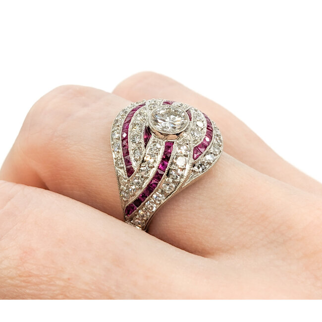 Ring Vintage Mid-Century 1.67ctw Euro Cut & Single Cut Diamonds .75ctw Ruby 950pt sz7.5 124060757