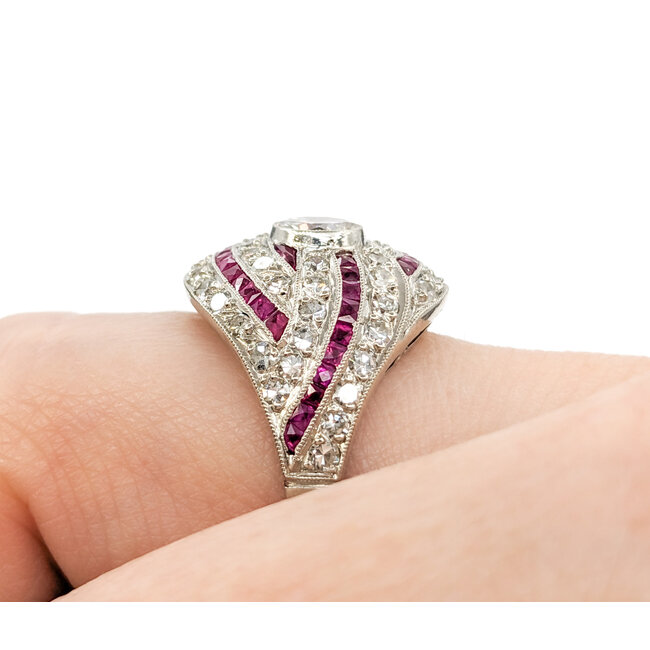 Ring Vintage Mid-Century 1.67ctw Euro Cut & Single Cut Diamonds .75ctw Ruby 950pt sz7.5 124060757