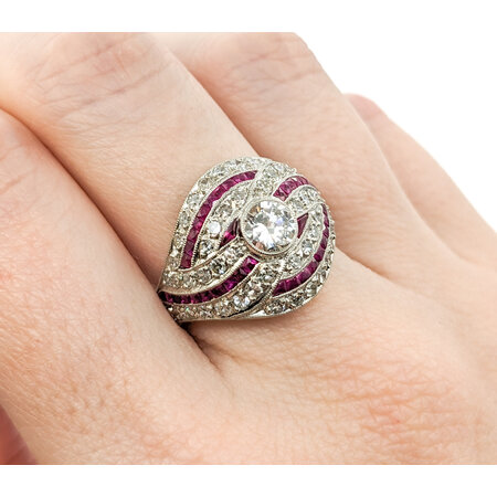 Ring Vintage Mid-Century 1.67ctw Euro Cut & Single Cut Diamonds .75ctw Ruby 950pt sz7.5 124060757